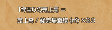 1坪当りの売上高=売上高/総売場面積(m2)×3.3